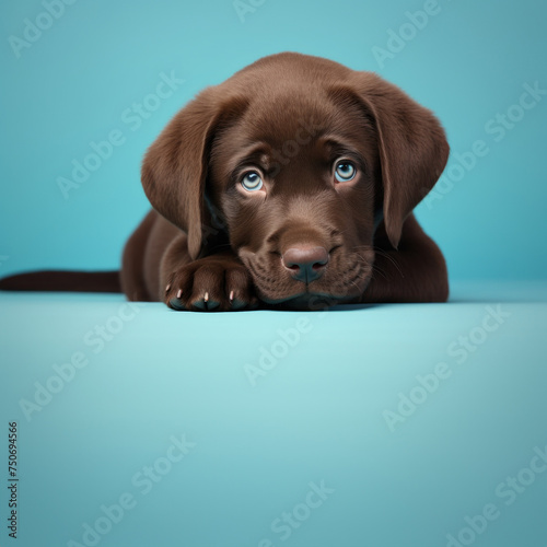Un adorable chiot de race labrador  sur fond bleu  image avec espace pour texte.