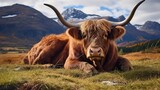 Une vache à longues cornes, couchée dans l'herbe, montagnes en arrière-plan.