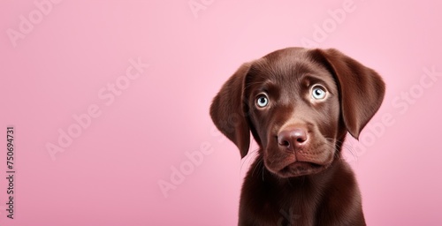Un adorable chiot de race labrador, sur fond rose, image avec espace pour texte. © David Giraud