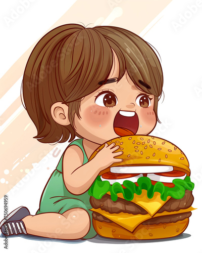 cute girl eats a burger in kawaii style. bright illustration, cartoon