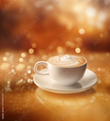 Cup of cappuccino with latte art, coffee beans warm glow. Hot drink background