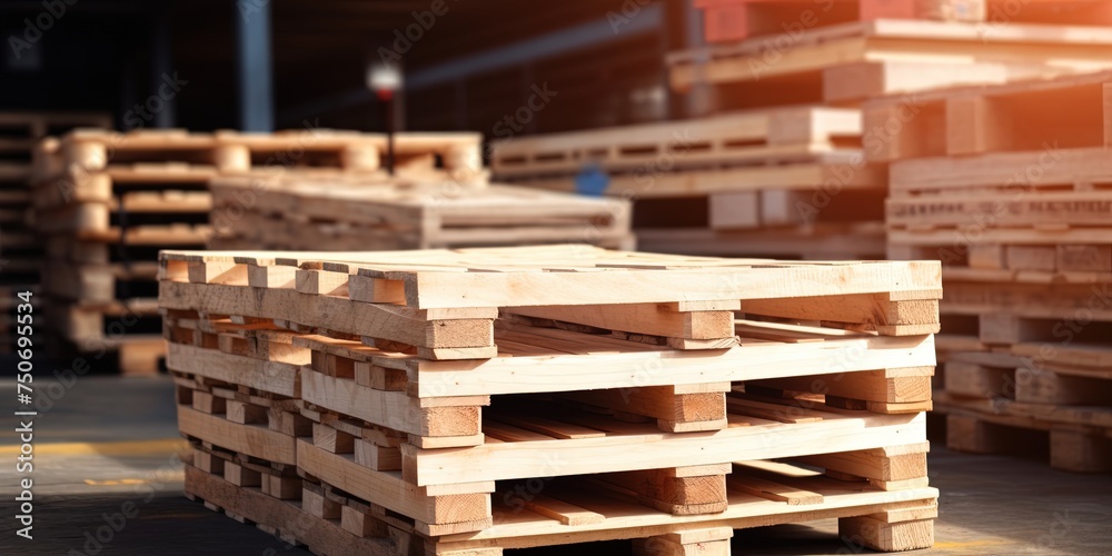 Stack of wooden pallet. Industrial wood pallet at factory warehouse. Cargo and shipping. Sustainability of supply chains. Eco-friendly and sustainable properties - obrazy, fototapety, plakaty 