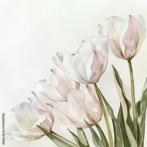 Watercolor Painting of Tulips on the Corners and Margins - White Tulips with Pink Inlays and Pointed Tips - Big Brushstrokes Impressionist Style Tulips Wallpaper created with Generative AI Technology © Sentoprotak