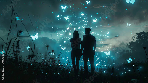 Silhouette of a couple in love with glowing butterflies around while walking