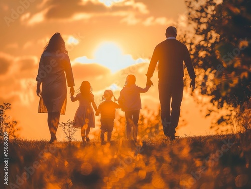 A heartwarming scene of a family walking hand in hand, basking in the golden glow of the setting sun © cherezoff