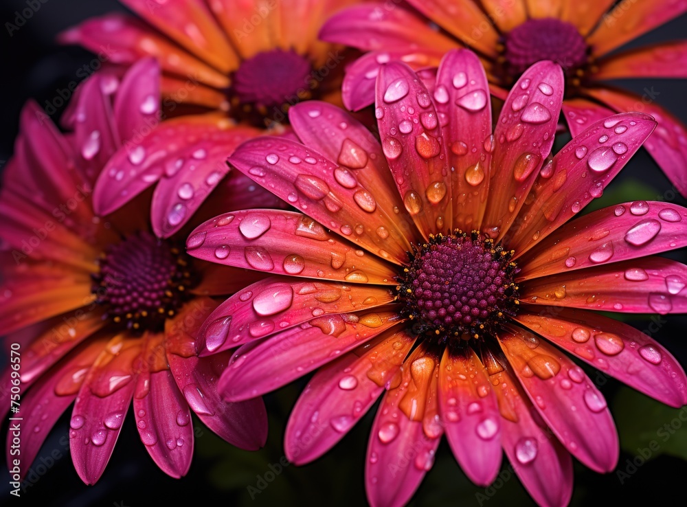 pink and orange daisies with droplets of rain