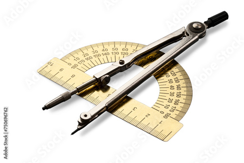 Pair of compasses and protractor isolated on white