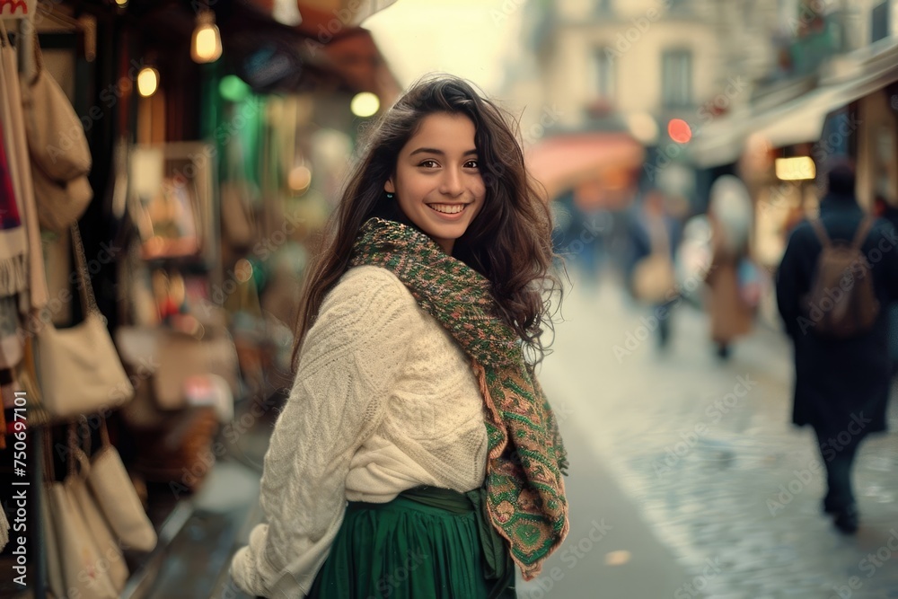 Young Ethnic Woman in a Thoughtful Gaze Amidst the Vintage Charm of an Old City Alleyway