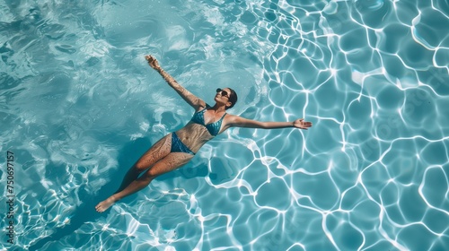 Woman floating in hotel resort swimming pool