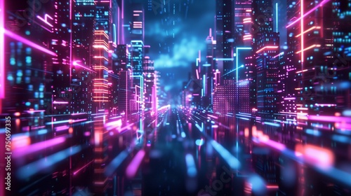 A digital cityscape emerges from the neon circuit lines and data streams © hardqor4ik