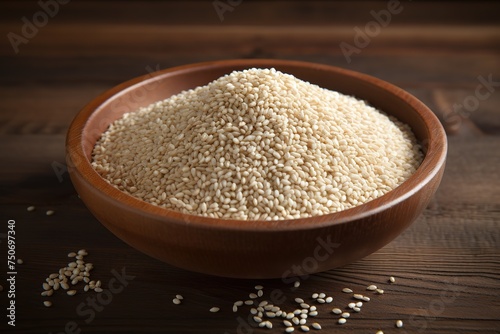 sesame seeds in a wooden bowl on a wooden table, in the style of pixelated, 8k resolution © Tasfiya