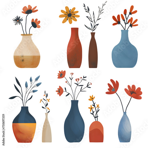 flat vector logo realistic minimalistic set of vases with flowers of various sizes and shapes for modern room interior vector illustration on a transparent background.