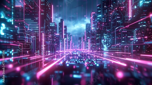 A digital cityscape emerges from the neon circuit lines and data streams