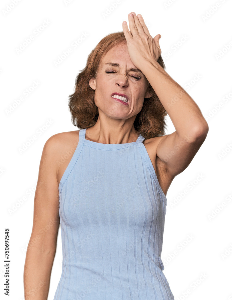 Redhead mid-aged Caucasian woman in studio forgetting something, slapping forehead with palm and closing eyes. Redhead mid-aged Caucasian woman in studio forgetting something, slapping forehead with palm and closing eyes.