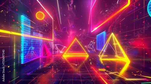 Abstract illustration of geometric shapes and structures in colorful neon colors and lights in cyberspace against dark background