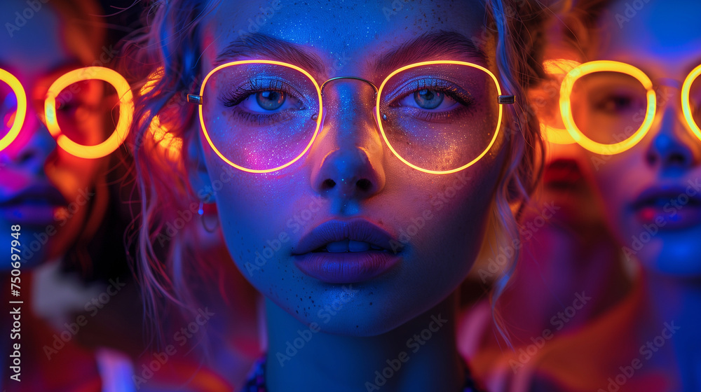 Vibrant social gathering, handsome and beautiful faces lit by the glow of neon. Vibrant social gathering, handsome and beautiful faces lit by the glow of neon.