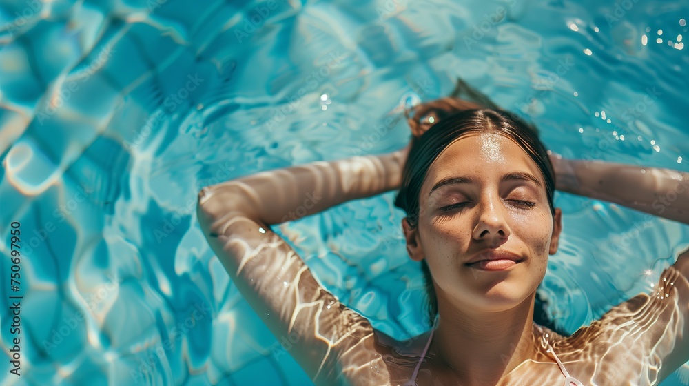 Beautiful Woman floating in hotel resort swimming pool. Close Up