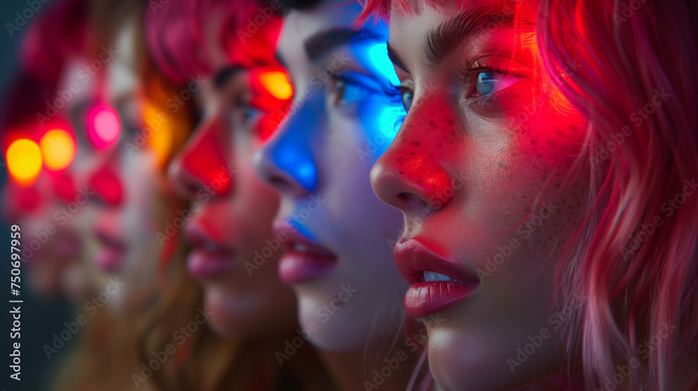 Vibrant social gathering, handsome and beautiful faces lit by the glow of neon. Vibrant social gathering, handsome and beautiful faces lit by the glow of neon.
