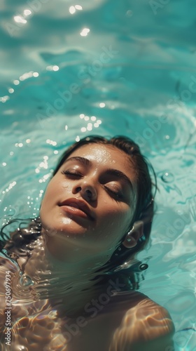 Beautiful Woman floating in hotel resort swimming pool. Close Up © hardqor4ik