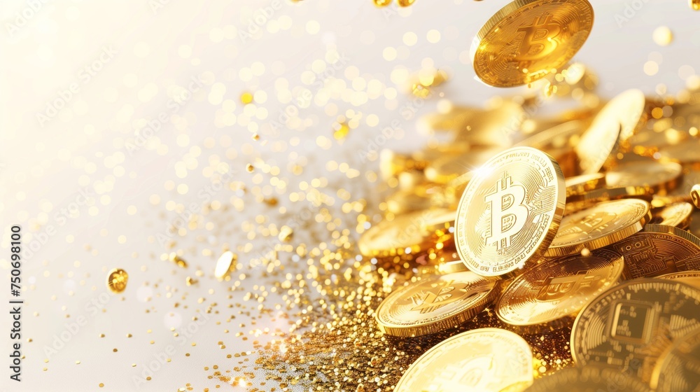 Bitcoin Cryptocurrency represented as Gold Coins. Digital Banking Background Bitcoin Cryptocurrency represented as Gold Coins. Digital Banking Background