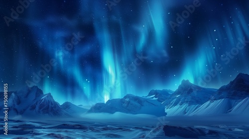 Blue aurora in the mountains at the North Pole