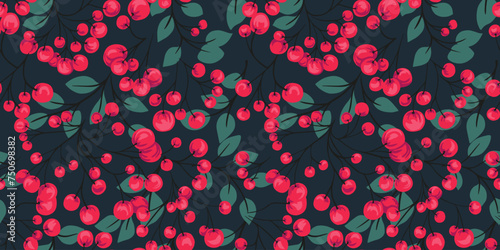 Colorful seamless pattern with abstract artistic branches with red shapes berries, green leaves branches. Stylized juniper, boxwood, viburnum, dogwood barberry. Vector hand drawn. Collage for designs