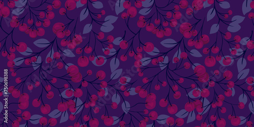 Burgundy abstract, artistic branches berries and leaves seamless pattern on a dark violet background. Maroon creative juniper, boxwood, viburnum, barberry. Vector hand drawn. Collage for designs