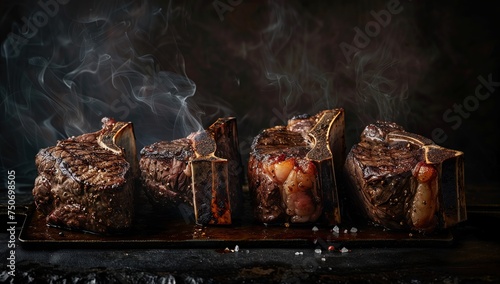 Juicy T-Bone steaks with grill marks are cooking over a hot charcoal flame on a barbecue grill, with smoke rising in the air, capturing the essence of outdoor summer BBQ , AI Generative