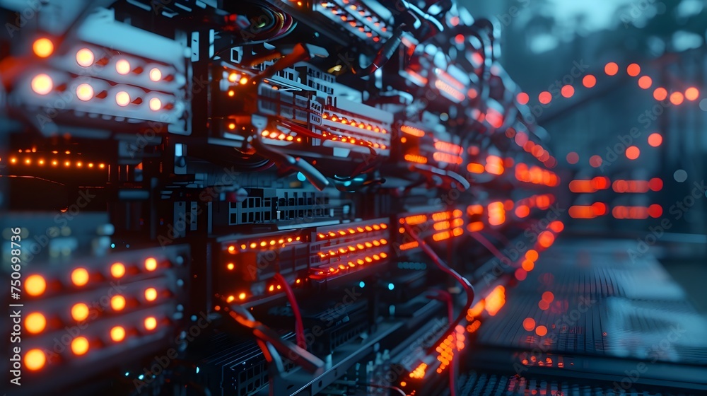 Obraz premium Data Center Racks with Neon Lights in Rendered Style