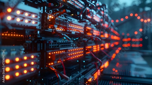 Data Center Racks with Neon Lights in Rendered Style