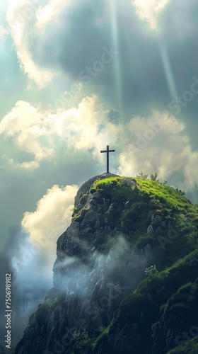 Cross at the top of a Mountain with Sunlight Breaking through the Clouds. Inspirational Christian Image