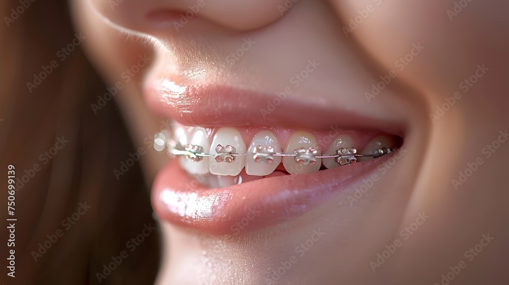 Close-Up of a Womans Teeth with Trendy Silver Braces