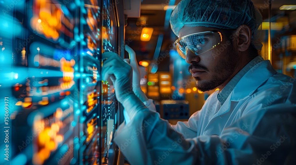 Man in Lab Coat Working on Computer Screen in Industrial Style