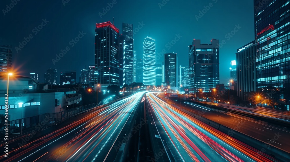 Time-Lapse Photo of the City at Night. High-Tech Business Concept