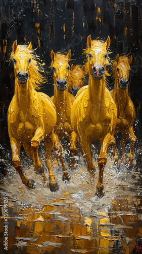 herd of golden akhal tekea horses golden oil painting, technical proficiency, landscape black background, academic art brighful,generative ai photo