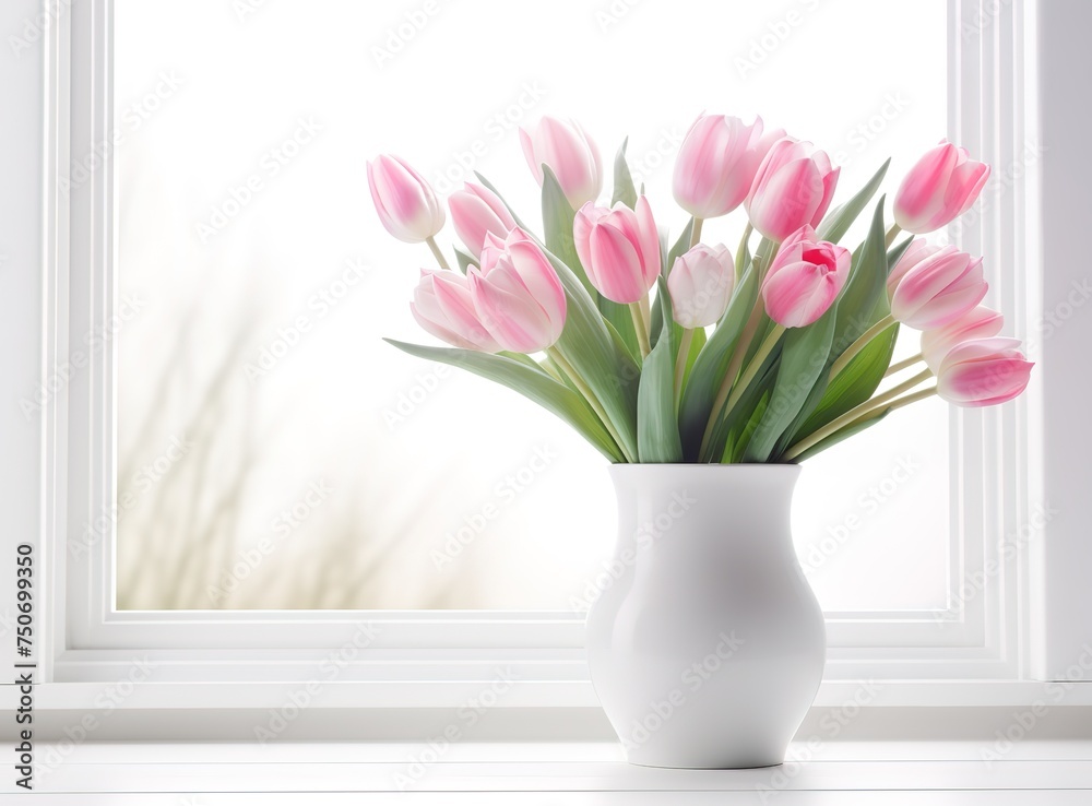 Obraz premium tulips on a white window sill