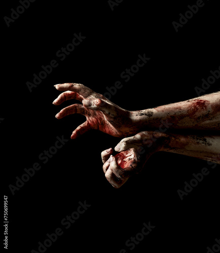 Creepy hands of undead with dripping blood over black background