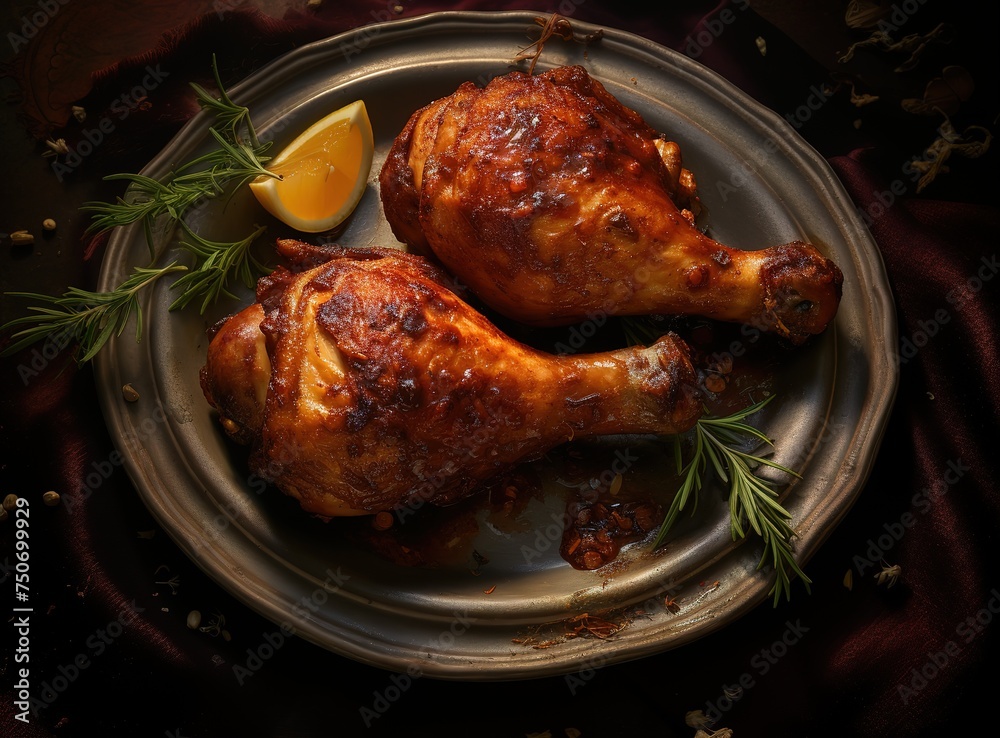 Fototapeta premium two grilled chicken leg sitting on a plate and garnished