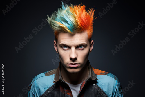 Portrait of a young male model with a bold multicolored mohawk on a dark background