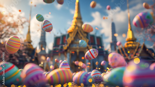 Easter eggs falling from the sky in Thailand with ancient temples and the Chao Phraya River