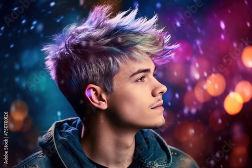 Portrait of a young male with a stylish pastel hair, on blurred bokeh background