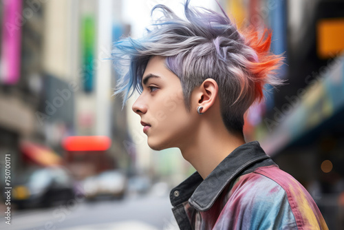 Stylish young man with vibrant rainbow hair on city street