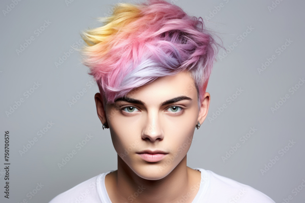 Portrait of a stylish young male with vibrant rainbow hair