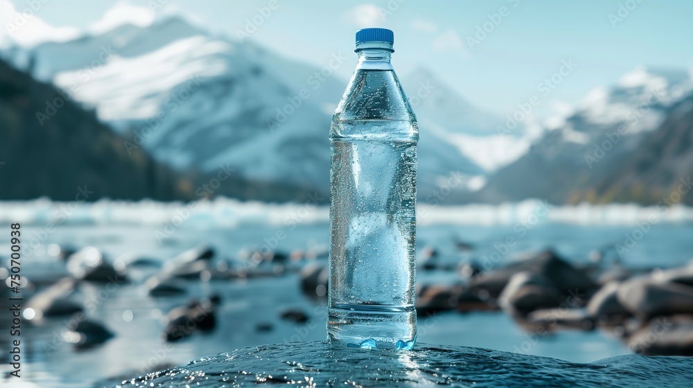 Pure mineral water in a glass bottle. Clean liquid on mountain background Pure mineral water in a glass bottle. Clean liquid on mountain background