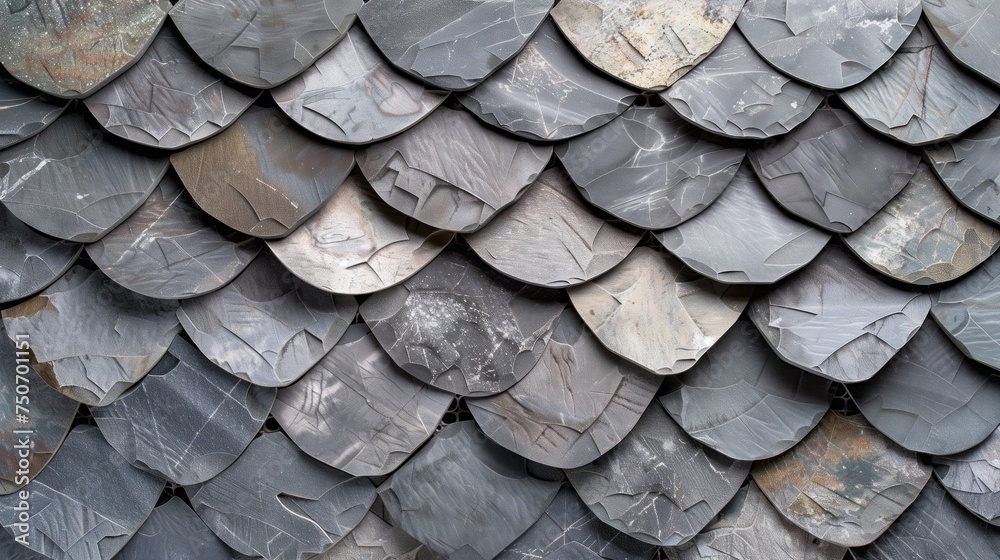Textured Mosaic Tiles arranged in the shape of a wall. Natural Stone, Fish Scale