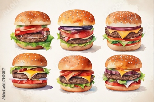Hamburger meat food watercolor isolated on pastel background. Set of delicious burger painting food illustration. AI generated