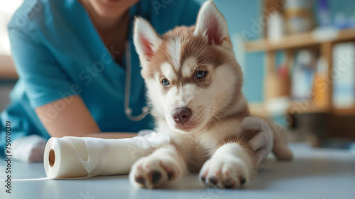 cute siberian husky puppy meet with pet doctor for treat and cure his leg from pain and injury with kind doctor in pet clinic hospital photo