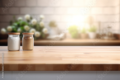 Stylish Wooden Table Top on Blurred Kitchen Background