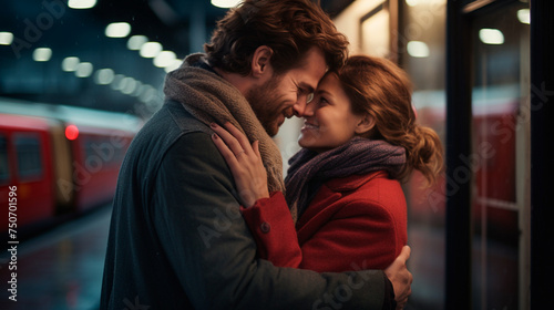 happy young couple on train platform in train