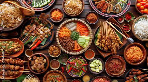 Colorful Flat Lay of Various Indonesian Foods with Mouthwatering Satay 